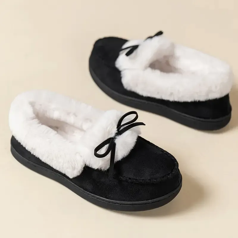 Women's Thermal Long-Pile Indoor/Outdoor Shoes Slippers Bow Slip-Ons