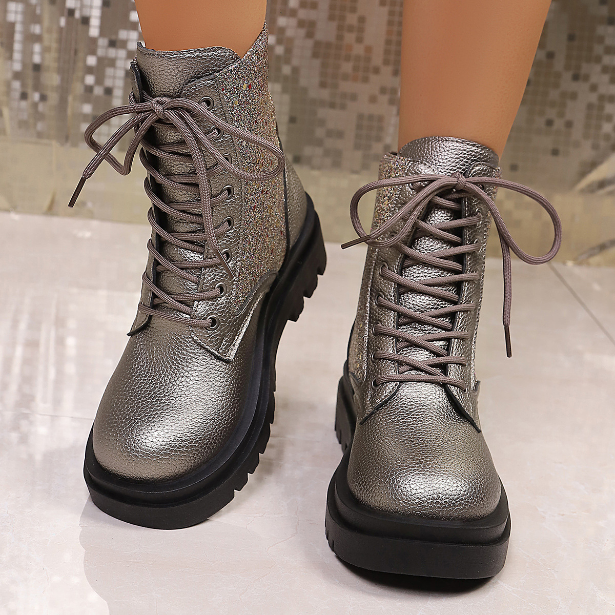 Women's New Sequined Lace-up Platform Martin boots Round-toed Short Boots
