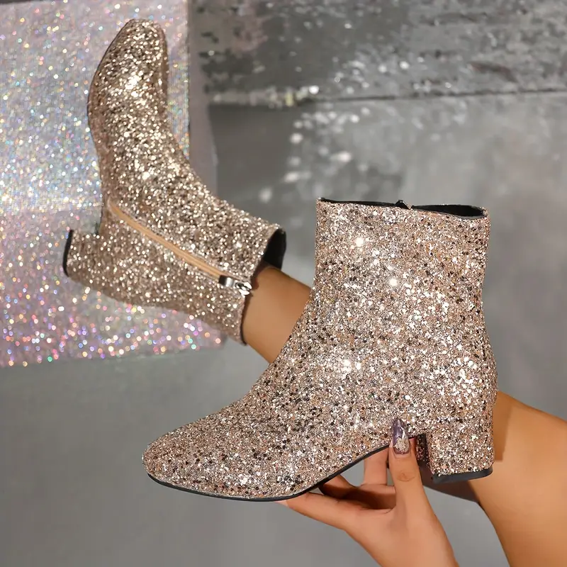 Women's Sparkling Fashion Elegant Versatile Chunky Heel Boots