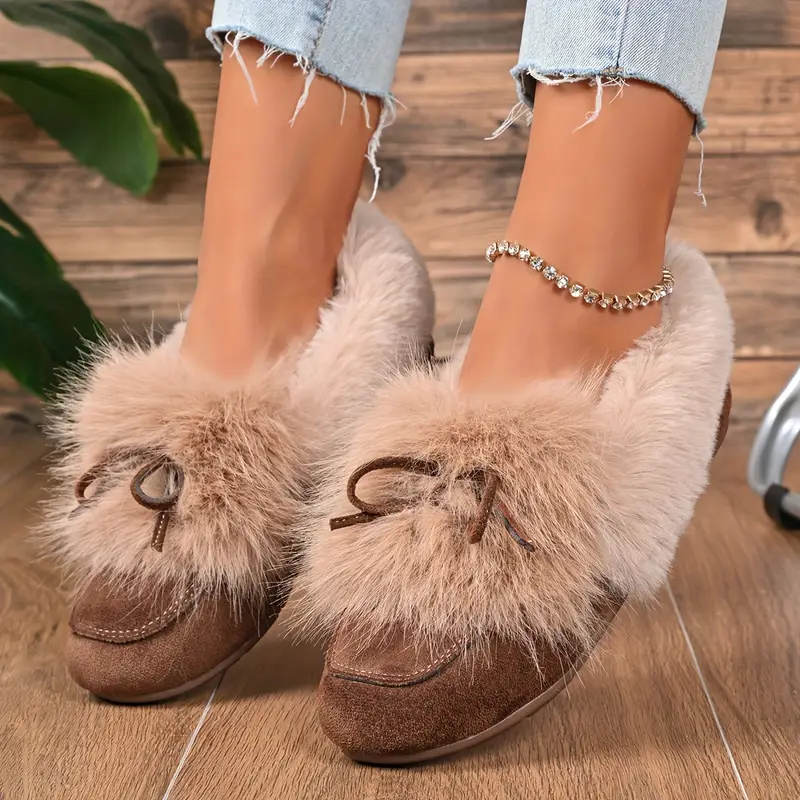 Women's Cozy Non-Skid Plush Slip-On Slippers with Bow Winter Indoor/Outdoor House Shoes