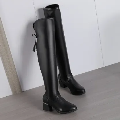 Women's Soft Leather Over-the-Knee (OTK) Boots Winter Slip-On Chunky Block Heel Boots