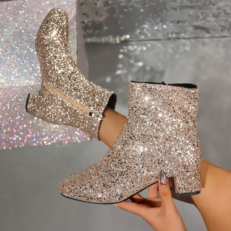 Women's Sparkling Fashion Elegant Versatile Chunky Heel Boots