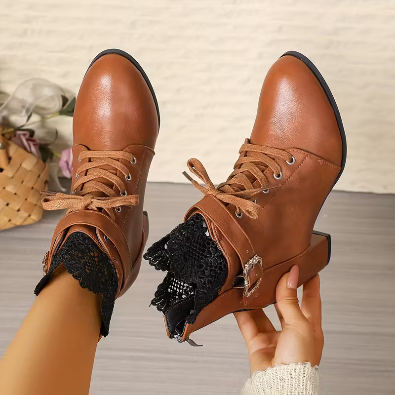 Women's Elegant & Versatile Retro Style Gothic Lace Chunky High-Heel Ankle-High Boots for Dresses, Skirts, Jeans