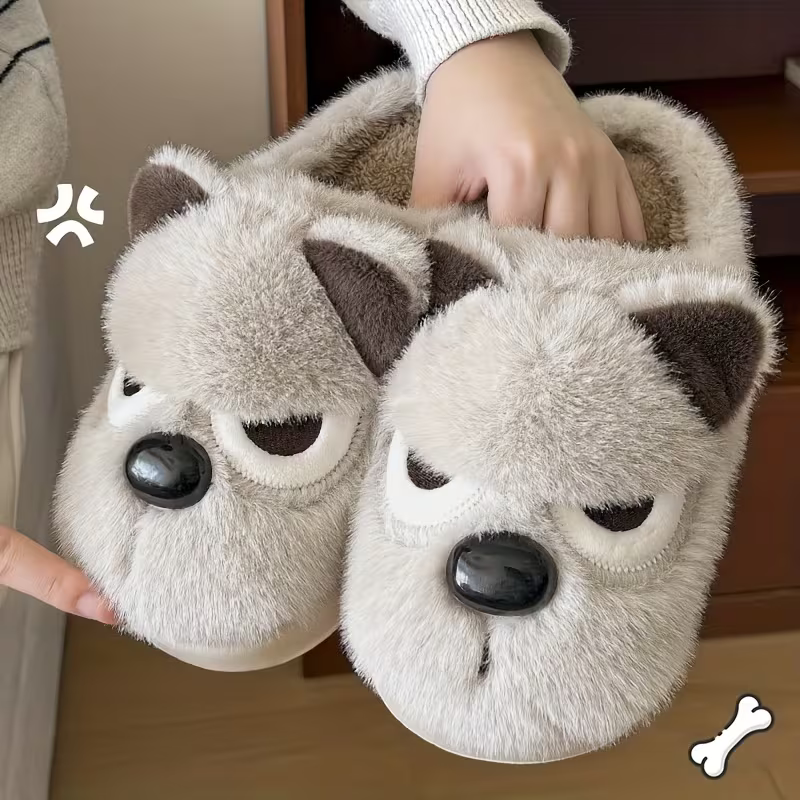 Women's Plush Cute Pomeranian Dog Design Winter Non-Slip Slippers