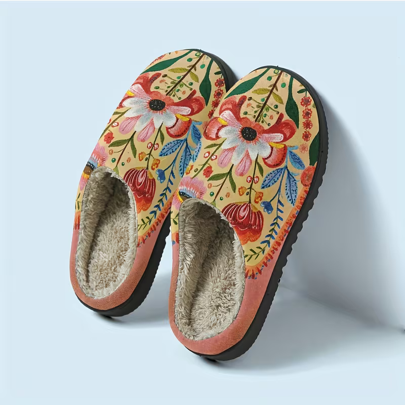Women's Cozy Plush Vibrant Floral Design Slippers Indoor/Outdoor Shoes