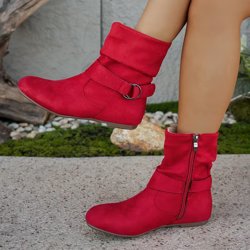 Women's Chic Low Heel Ankle Boots with Side Zipper & Buckle Detail