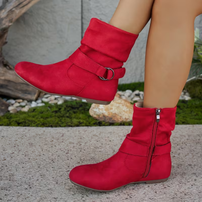 Women's Chic Low Heel Ankle Boots with Side Zipper & Buckle Detail