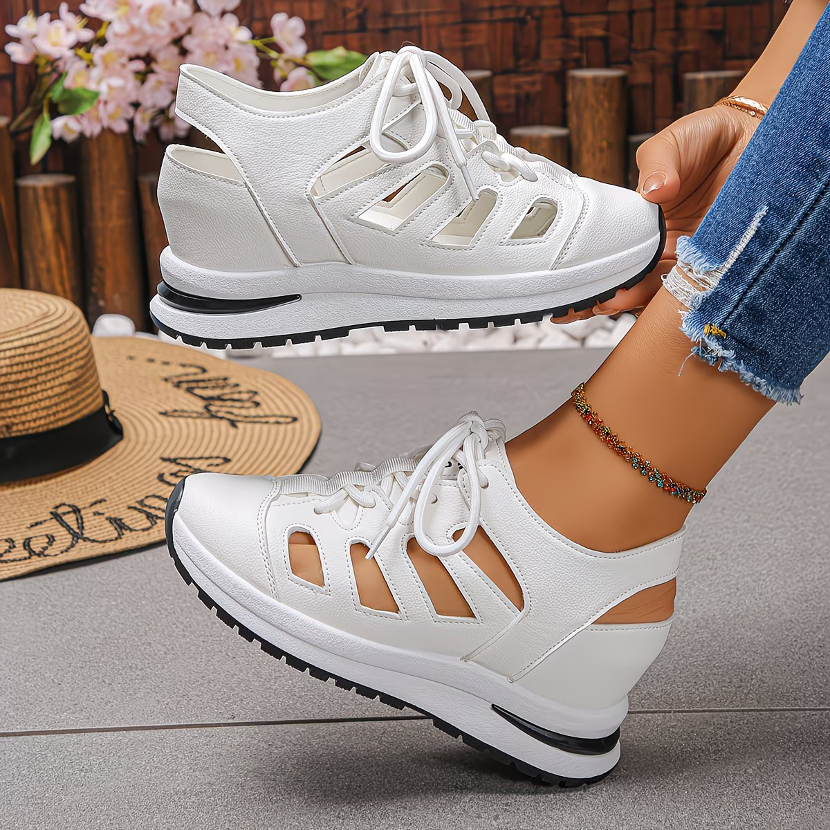Women's Fashion Hollow-Out Invisible Height Increase Thick Platform Wedge Heel Soprts Sandals