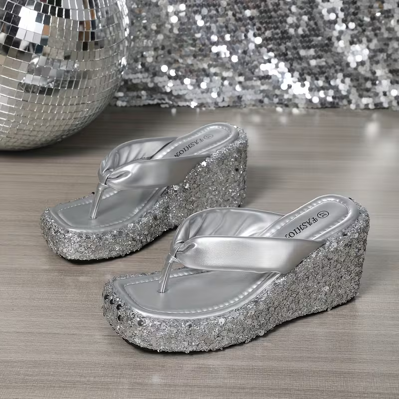 Women's Fashion Sequin Platform Wedge Sandals Slippers