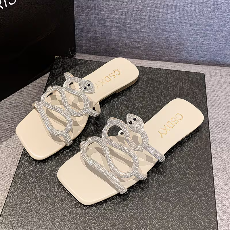 Women's Fashion & Elegant Snake-Shaped Rhinestone Summer Flat Slippers