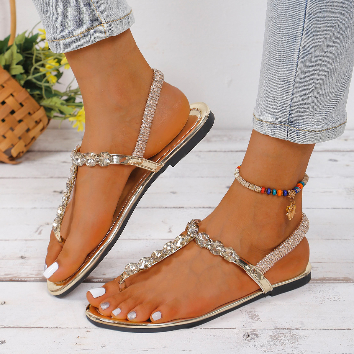 Women's Rhinestone Crystal Elastic Slingback Thong Flat Summer Sandals