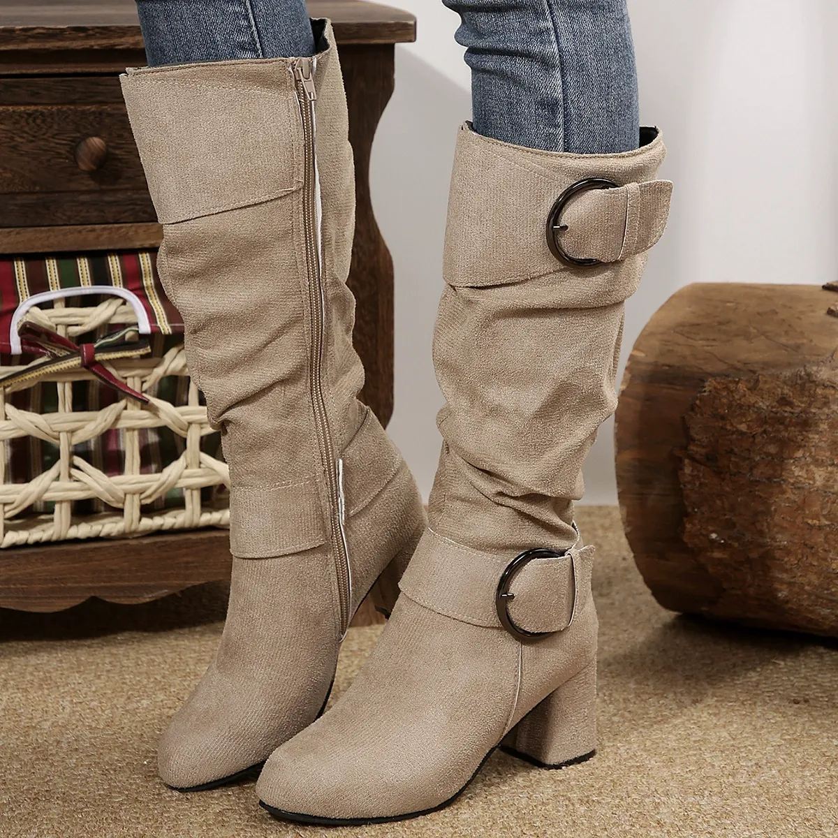 Women's Suede Chunky Heel Boots