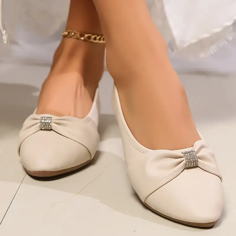 Women's Bowknot Decor Pointed Toe Soft Sole Versatile Flat Shoes Slip-On Flats