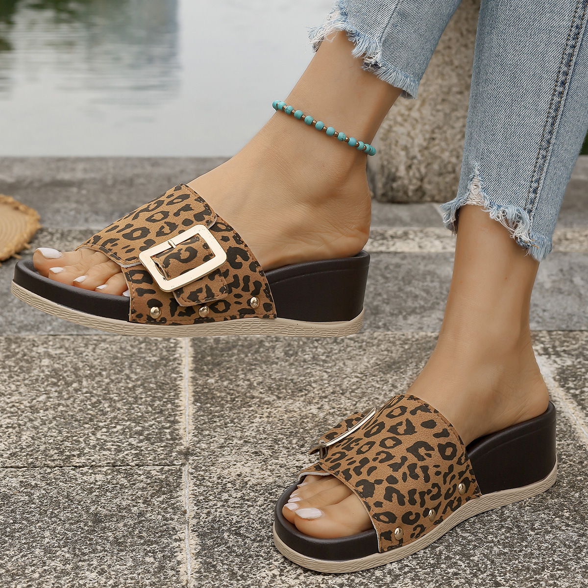 Women's Fashion Leopard Print Thick-soled Wedge Sandals
