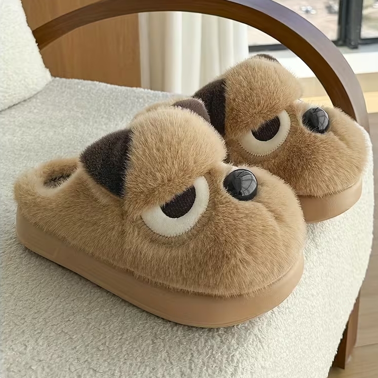 Women's Plush Cute Pomeranian Dog Design Winter Non-Slip Slippers