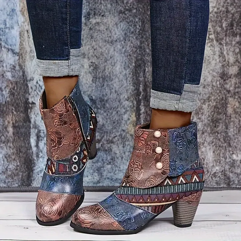 Women's Bohemian Floral Pattern Chunky Boots