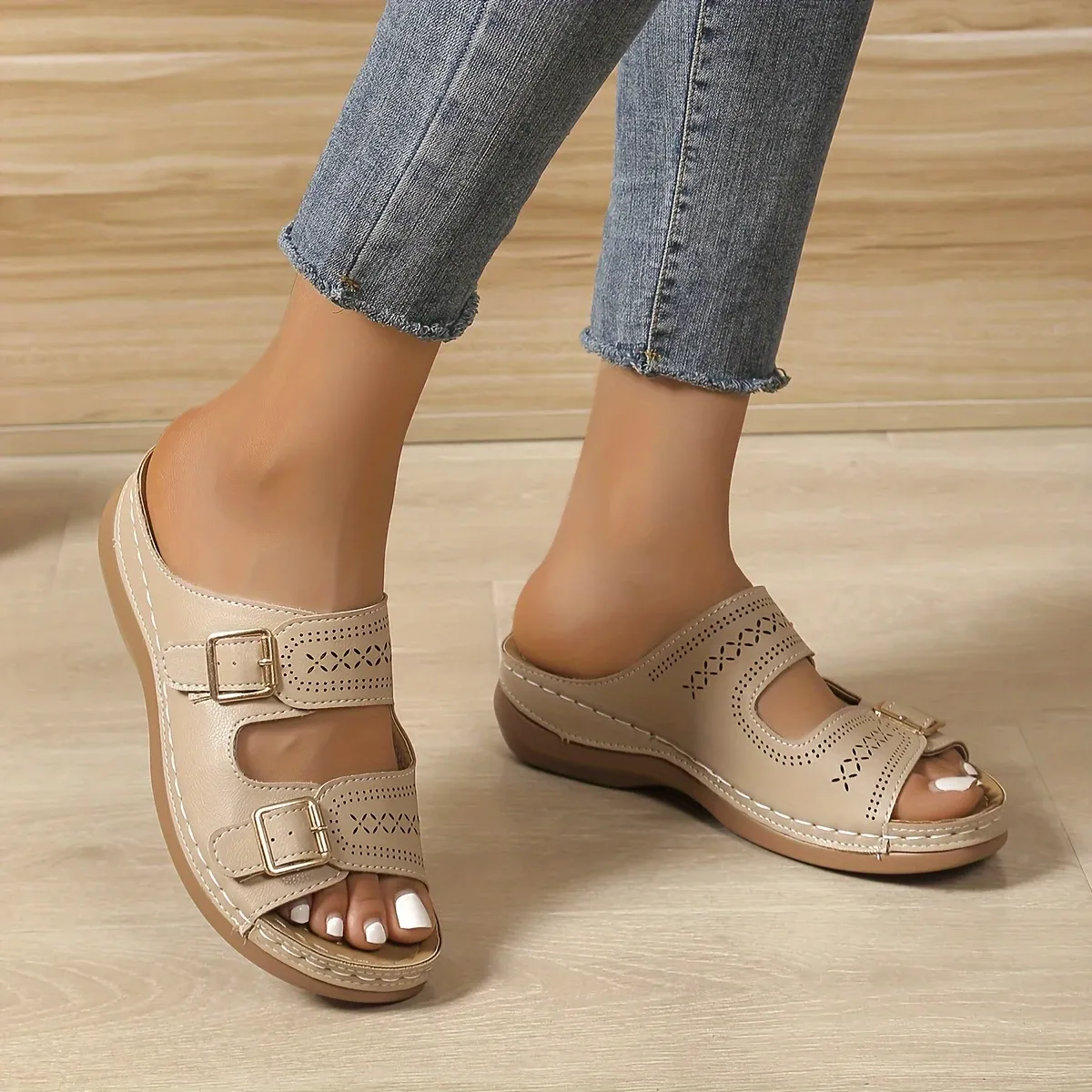 Women's Stylish Comfortable Double Buckle Cut-Out Wedge Sandals Beach Holiday Shoes