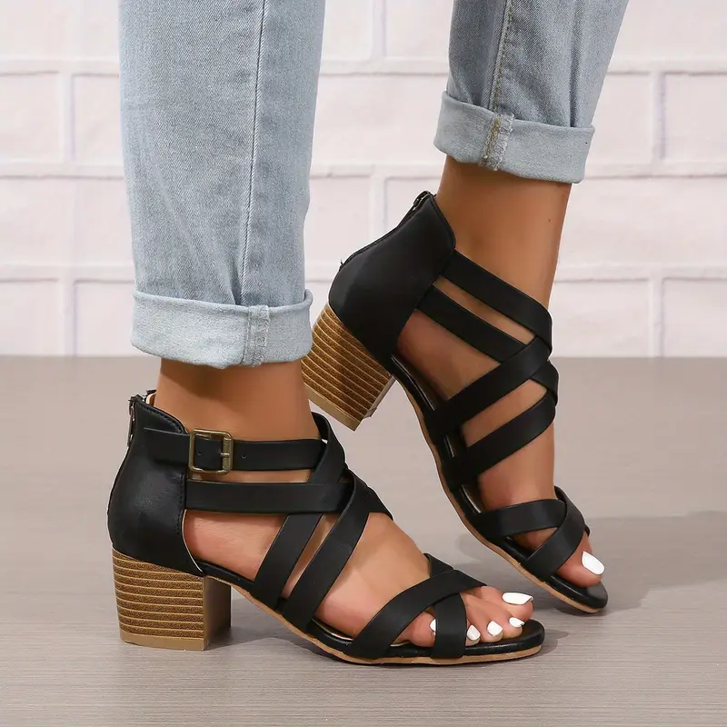 Women's Fashion Cross Strap Chunky Heeled Sandals
