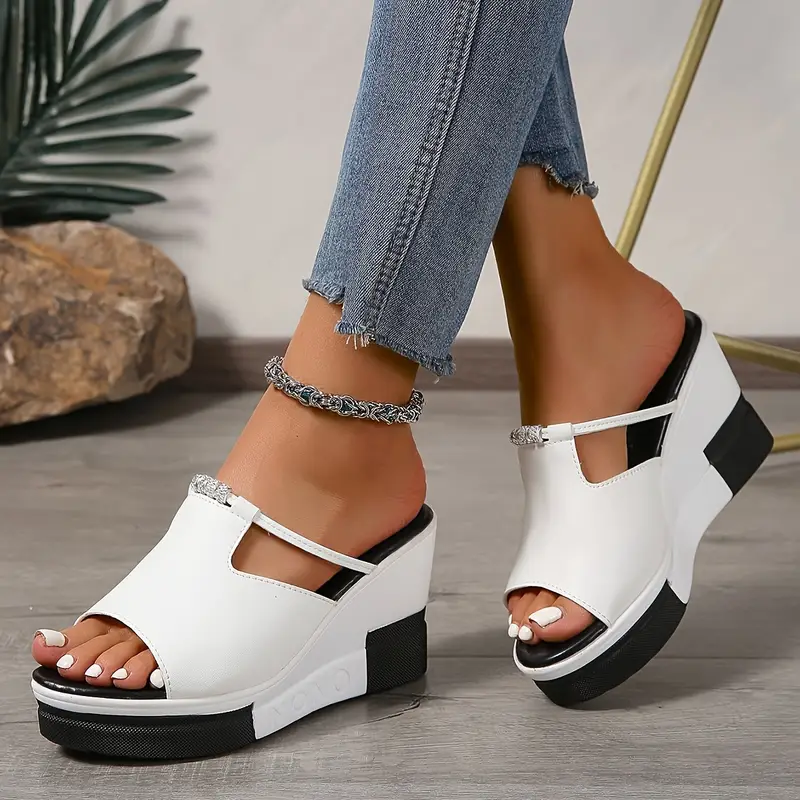 New Arrival - Black & White Stylish Elegant Thick Sole Wedge Sandals with Sparkling Rhinestones 