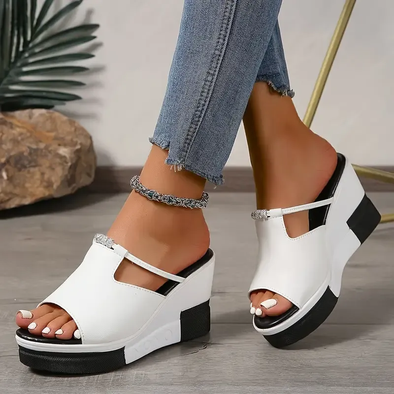 New Arrival - Black & White Stylish Elegant Thick Sole Wedge Sandals with Sparkling Rhinestones 