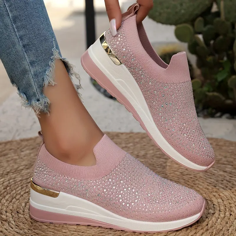 Women's Rhinestone Decor Platform Sneakers Slip-On Outdoor Shoes