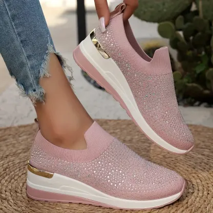 Women's Rhinestone Decor Platform Sneakers Slip-On Outdoor Shoes