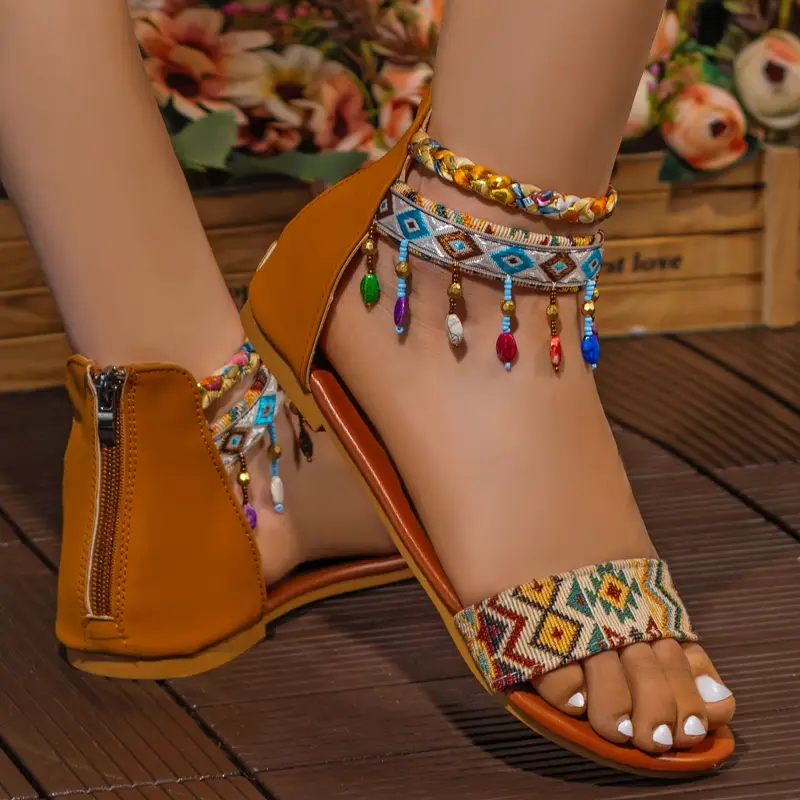 Handmade Bohemian Roman Sandals with Colorful Beads Ankle Straps