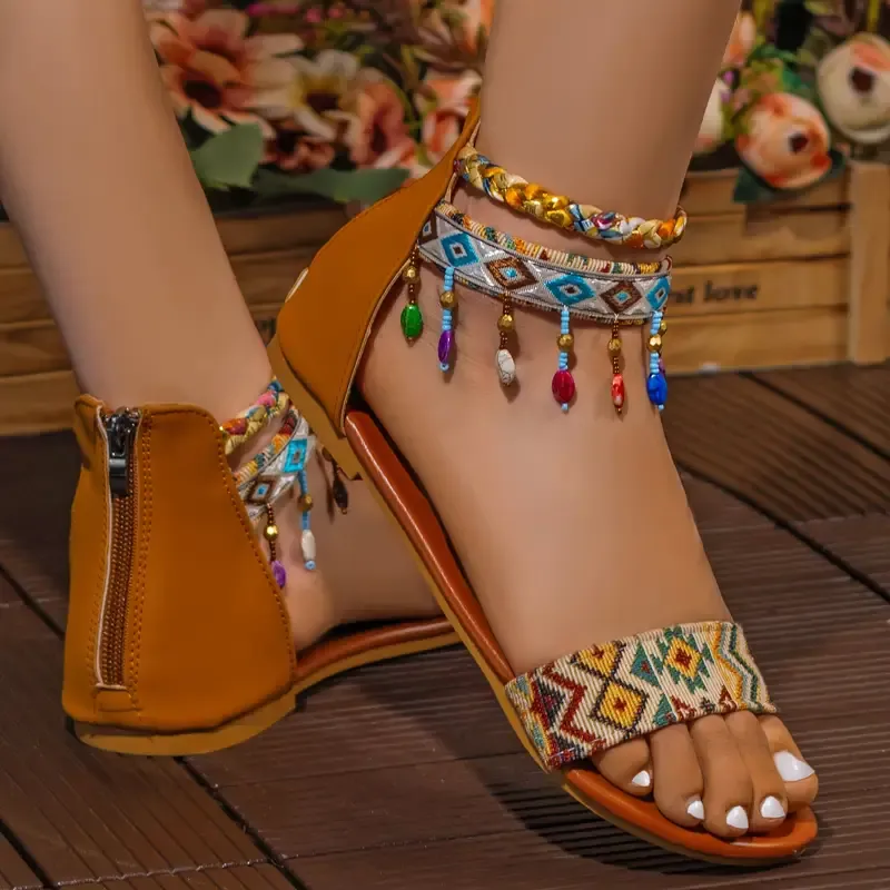 Handmade Bohemian Roman Sandals with Colorful Beads Ankle Straps