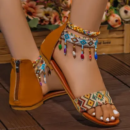 Handmade Bohemian Roman Sandals with Colorful Beads Ankle Straps