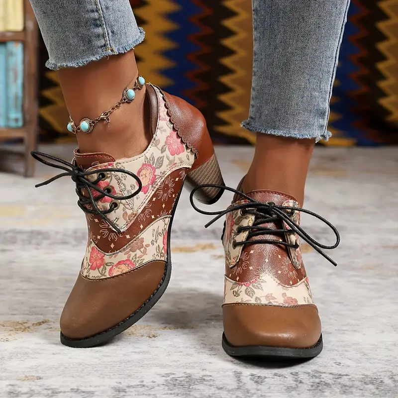 Women's Floral Bohemian Lace-Up Round-Toe Block Heel Ankle Boots