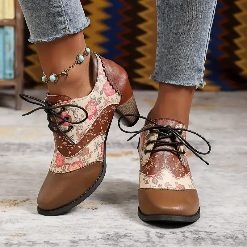 Women's Floral Bohemian Lace-Up Round-Toe Block Heel Ankle Boots