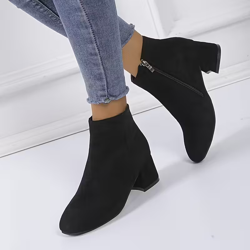 Women's Stylish & Versatile Solid Color Side Zipper Short Boots Block Heeled Ankle Boot