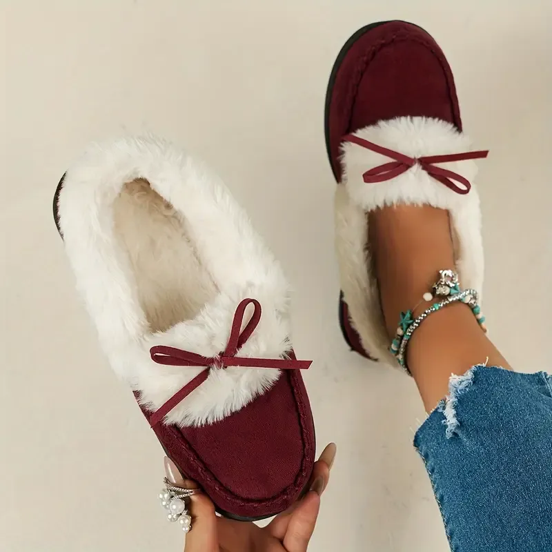 Women's Thermal Long-Pile Indoor/Outdoor Shoes Slippers Bow Slip-Ons