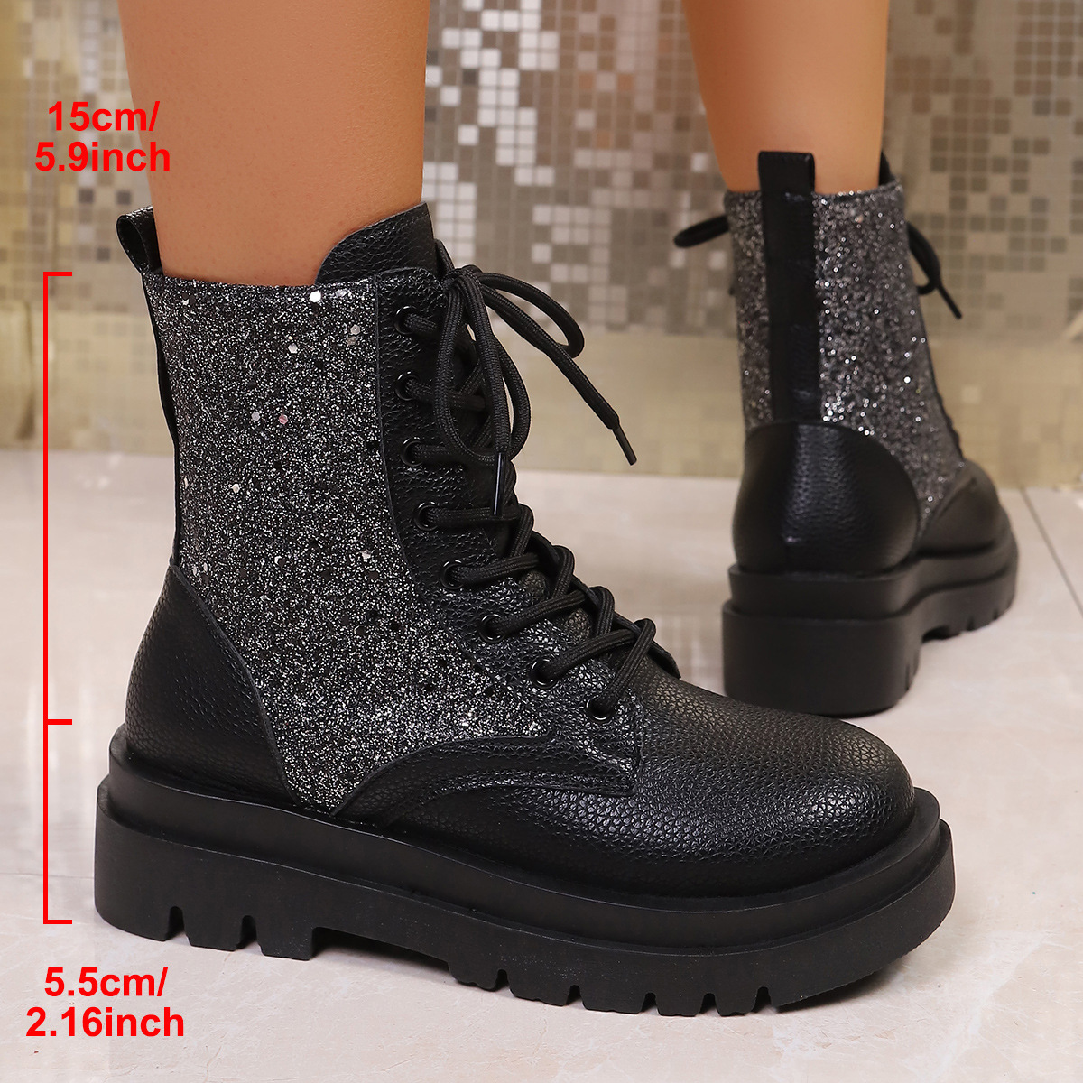 Women's New Sequined Lace-up Platform Martin boots Round-toed Short Boots