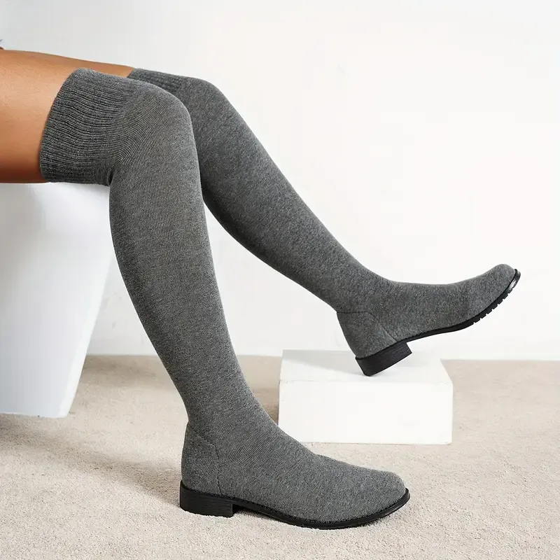 New Style Elastic Versatile Knee-High Boots Flat Slimming Boots for Women