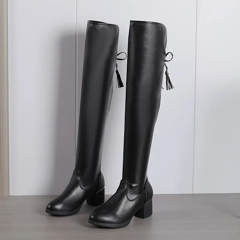 Women's Soft Leather Over-the-Knee (OTK) Boots Winter Slip-On Chunky Block Heel Boots