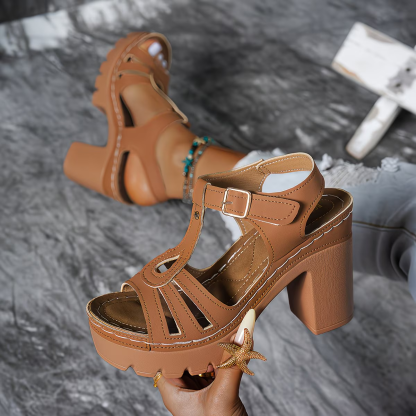 New Ethnic Style Vintage Hook-and-loop Fastener Thick Heel Roman Sandals for Women