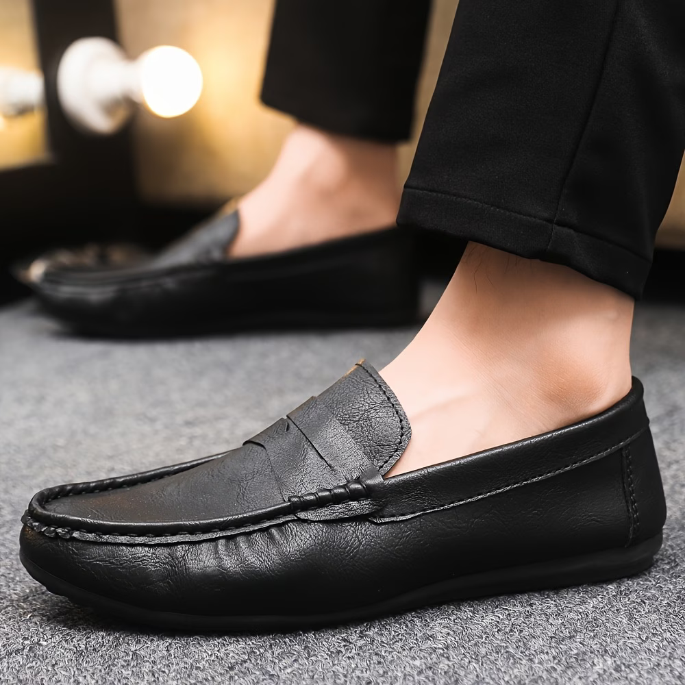 Men's British Style Soft & Comfortable & Lightweight Leather Slip-On Loafers Business Flat Shoes