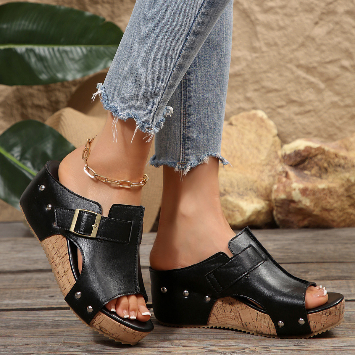 Women's Adjustable Buckle Cork Platform Wedge Mule Sandals Slip On Cutout Slide Shoes