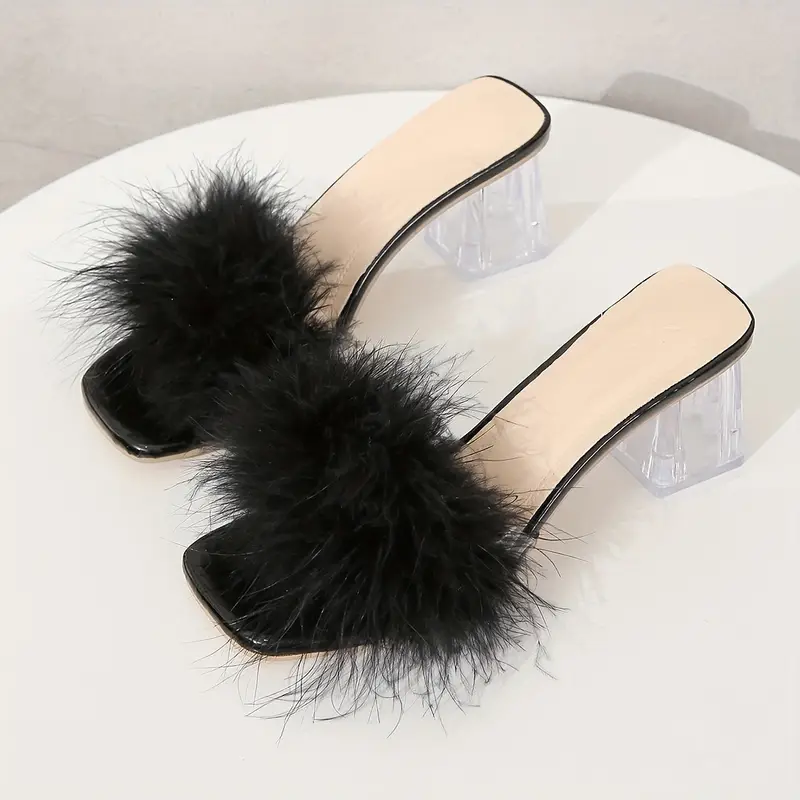 Women's Fashion Faux Fur Decor Chunky Heel Sandals Summer Slip-On Sandals