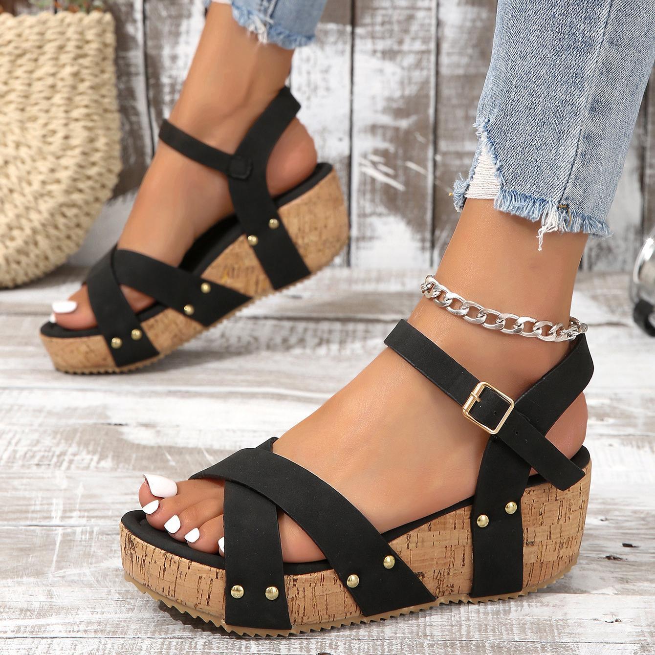 Women's Handmade Comfortable Leather Platform Wedge Heeled Sandals