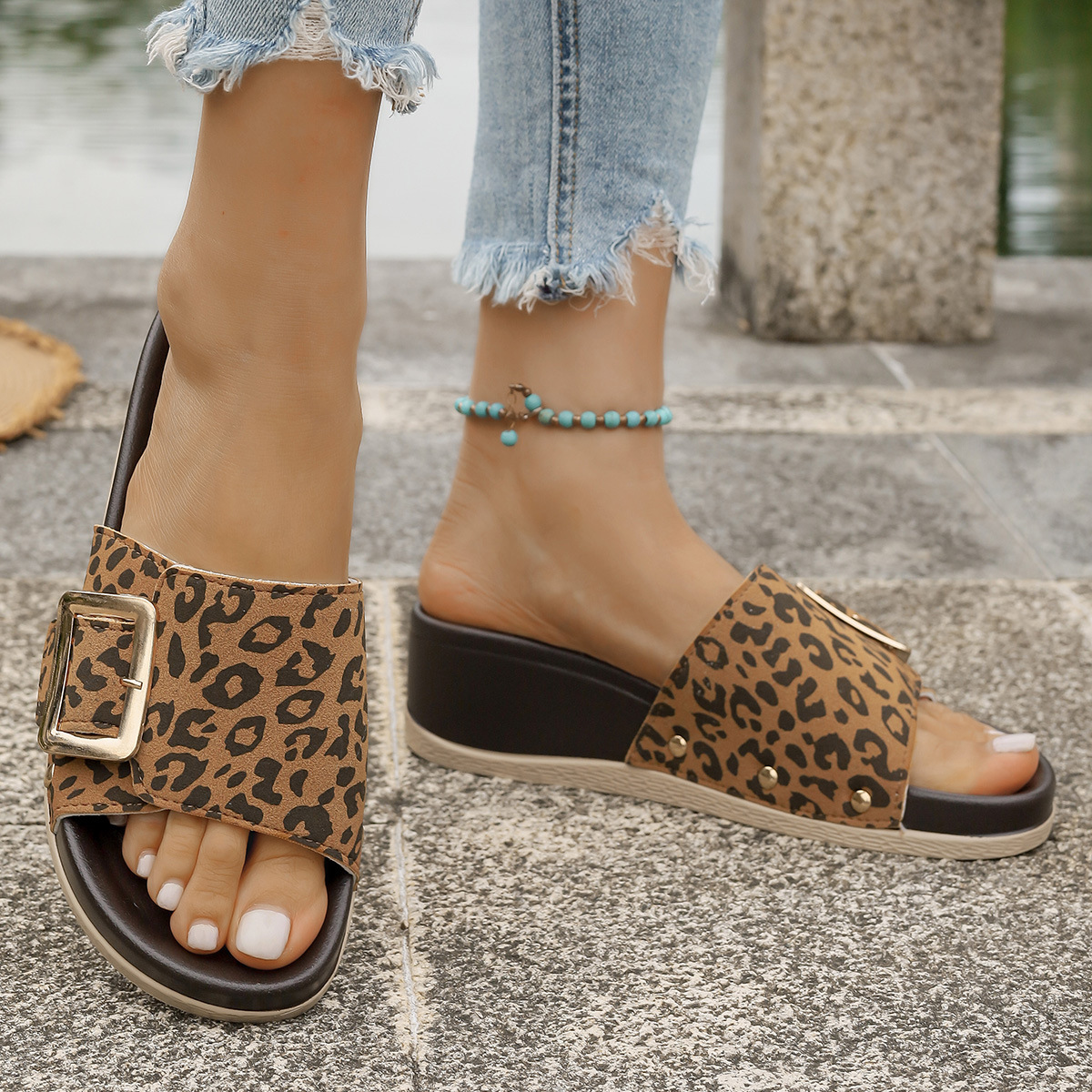 Women's Fashion Leopard Print Thick-soled Wedge Sandals