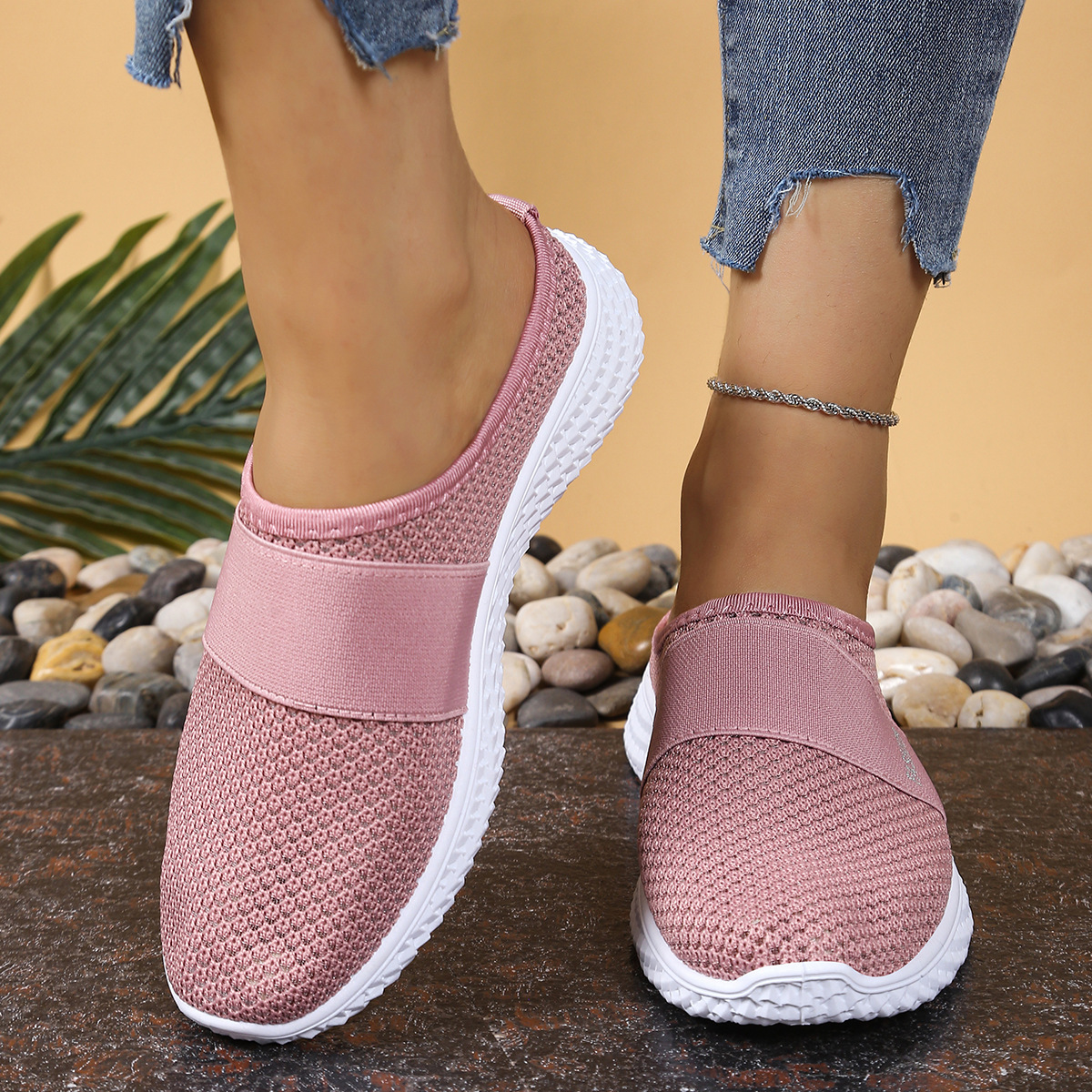 Women's Breathable and Comfortable Knit Mule Sneakers Slip-On Outdoor Walking Shoes