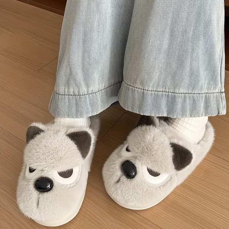 Women's Plush Cute Pomeranian Dog Design Winter Non-Slip Slippers