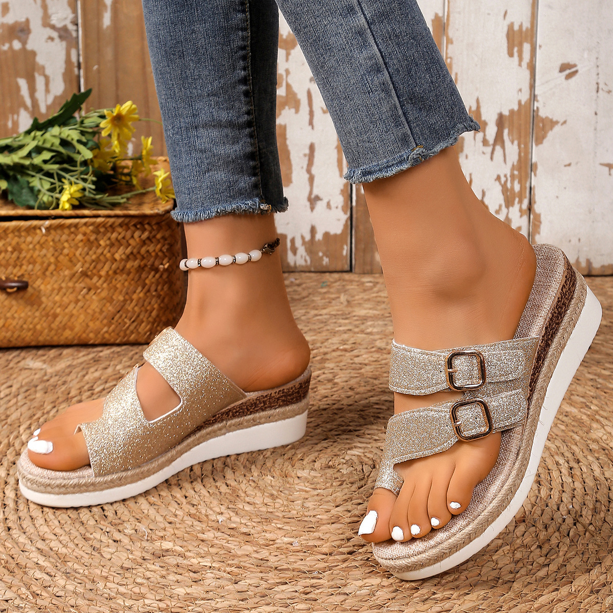 Women's Fashion Glitter Buckle Wedged Sandals Slides