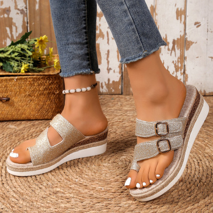 Women's Fashion Glitter Buckle Wedged Sandals Slides