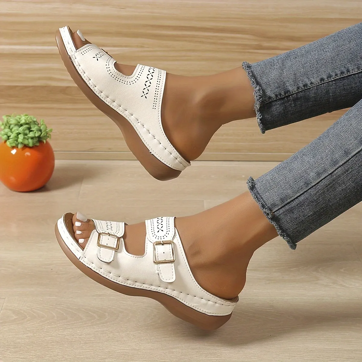 Women's Stylish Comfortable Double Buckle Cut-Out Wedge Sandals Beach Holiday Shoes