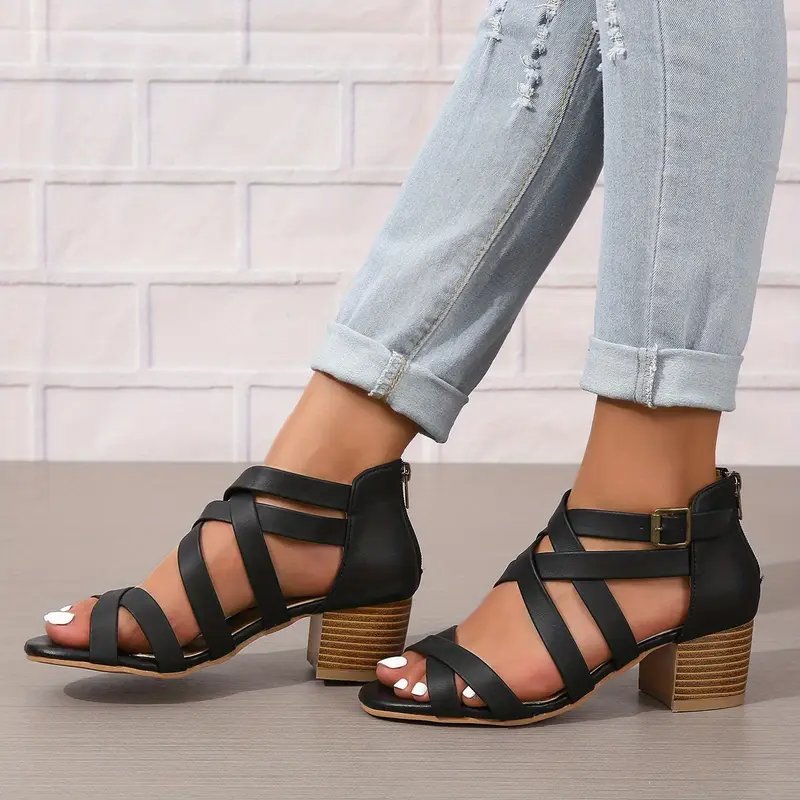 Women's Fashion Cross Strap Chunky Heeled Sandals