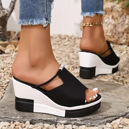 New Arrival - Black & White Stylish Elegant Thick Sole Wedge Sandals with Sparkling Rhinestones 