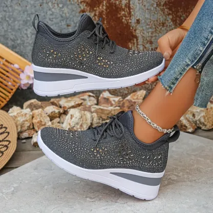 Women's Glittery Rhinestone Fashion Breathable Wedge Sneakers 